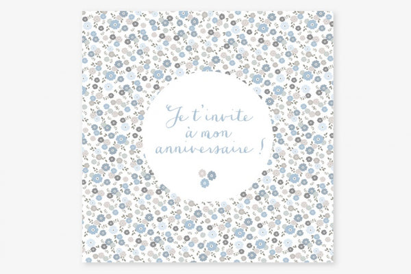 Carte invitation anniversaire fleurs bleues 11x11cm