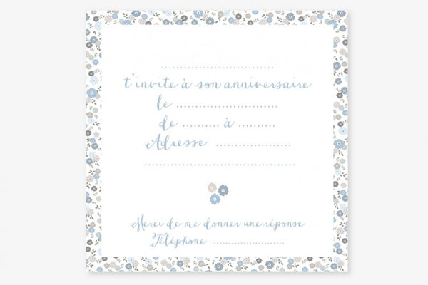 Carte invitation anniversaire fleurs bleues 11x11cm