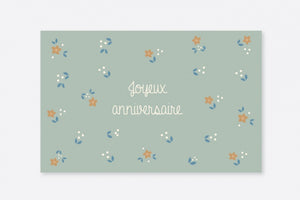 Carte Joyeux Anniversaire verte fleurs 12,8x8,2cm